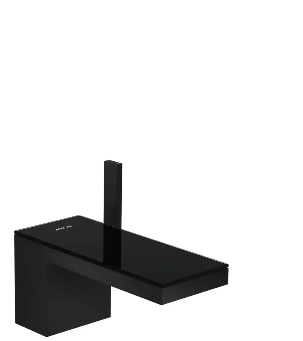 Schwarzer Einhebel-Waschtischmischer mit rechteckiger Glasoberfläche und vertikalem Bedienhebel, designed von AXOR, zur Montage an einem Waschbecken.
